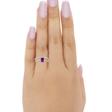 Art Deco Two Piece Wedding Ring Radiant Simulated Amethyst CZ 925 Sterling Silver